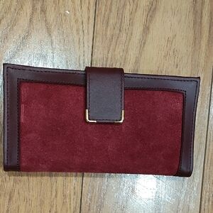 Source Unknown Suede and Burgundy Faux Leather Wallet with Gold Accent